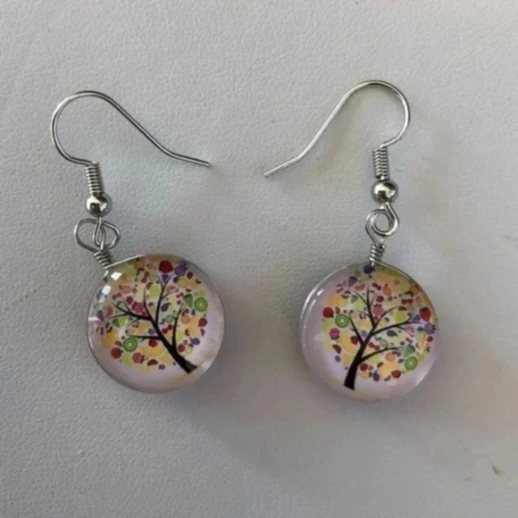 Purple Red Yellow Green Glass Tree 3D Drop Earrings NWT - Picture 3 of 3